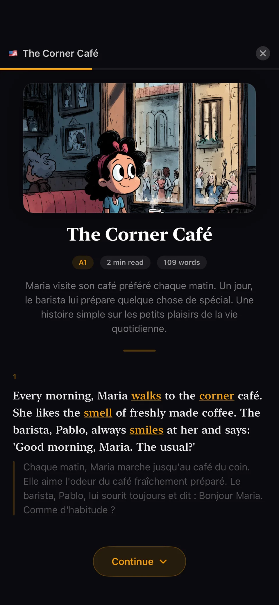 Écran de l’app Lingumaster : l’histoire « The Corner Café », avec son illustration et son texte